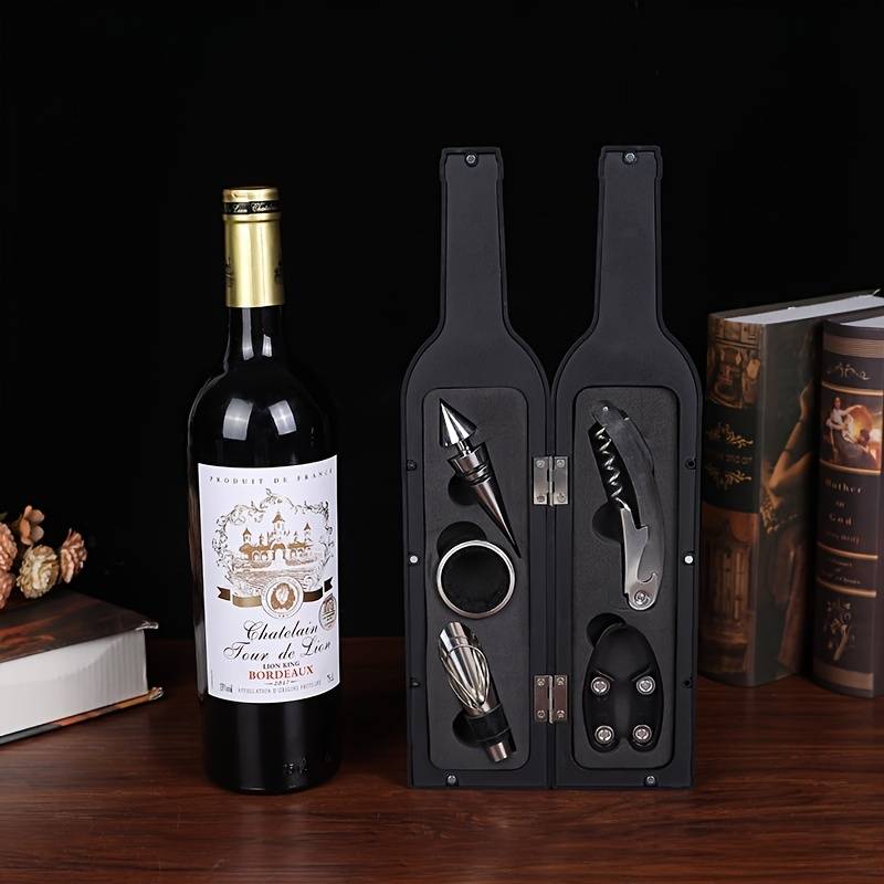 Deluxe Multi-Piece Wine Bottle Opener and Corkscrew Set In Unique Bottleshaped Holder
