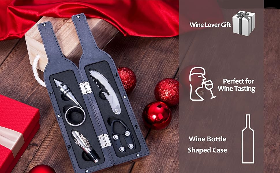 Deluxe Multi-Piece Wine Bottle Opener and Corkscrew Set In Unique Bottleshaped Holder
